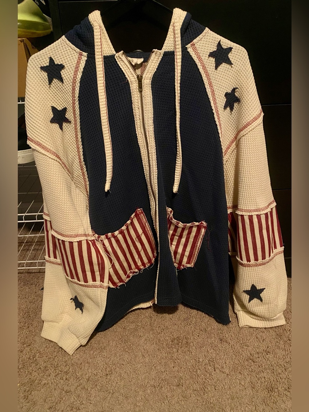 POL Patriotic Star Striped Zip-Up Hoodie - Navy & Cream with Red Accents NWOT